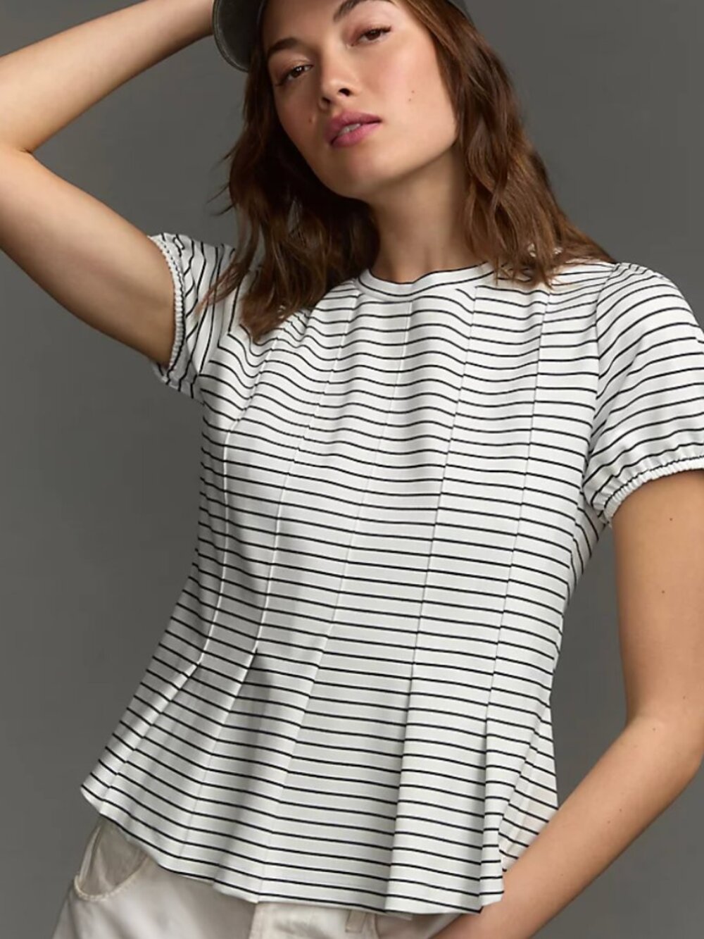 Maeve by Anthropologie White and Black Striped Peplum Top